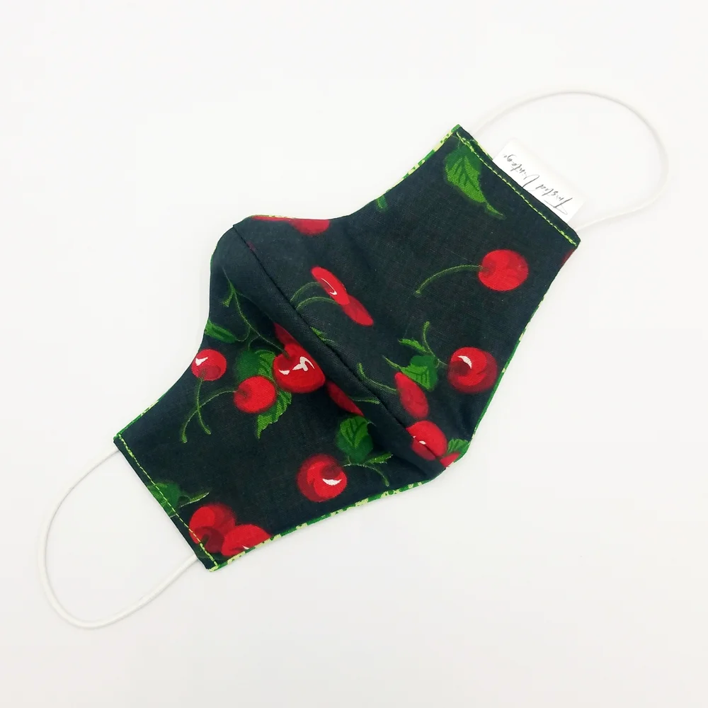 Little Girls Red Cherries Reversible Vintage Green Floral Face Mask 5 6 5/6 Hand